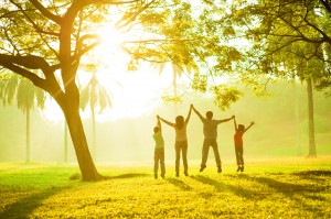 Rear view of joyful Asian family jumping together in the park