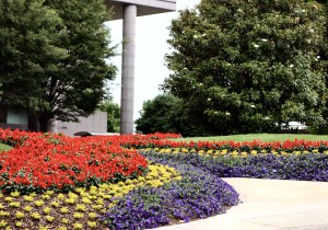 Entryway bordered by colorful flower.s