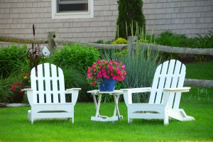 Deck chairs on lawn.