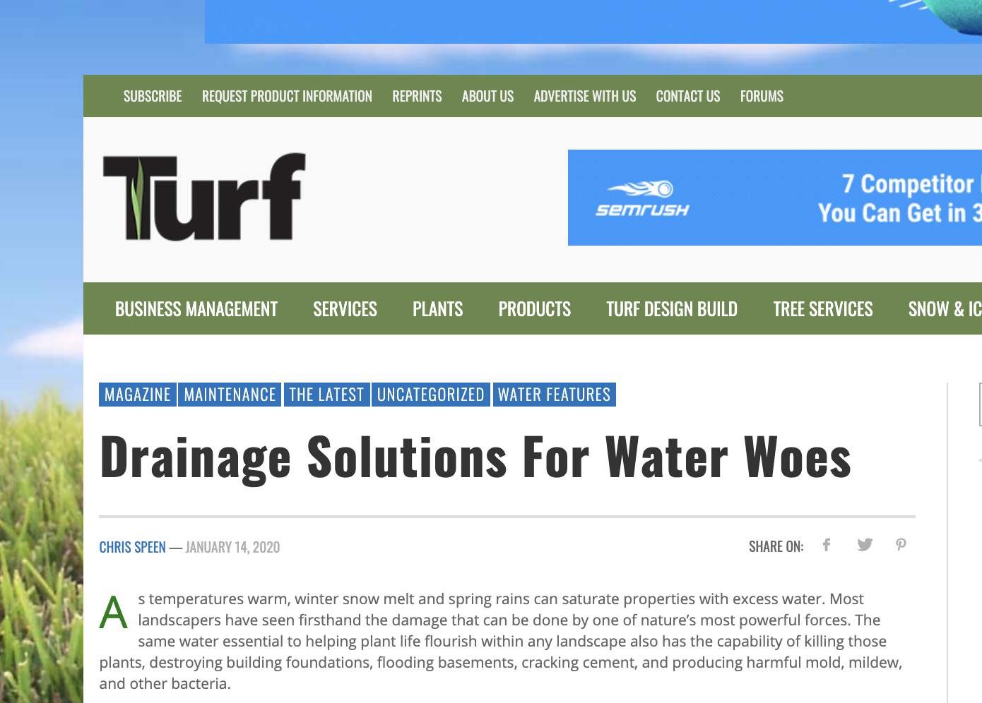 Screenshot of Turf magazine featuring an article including Twin Oaks Landscape.