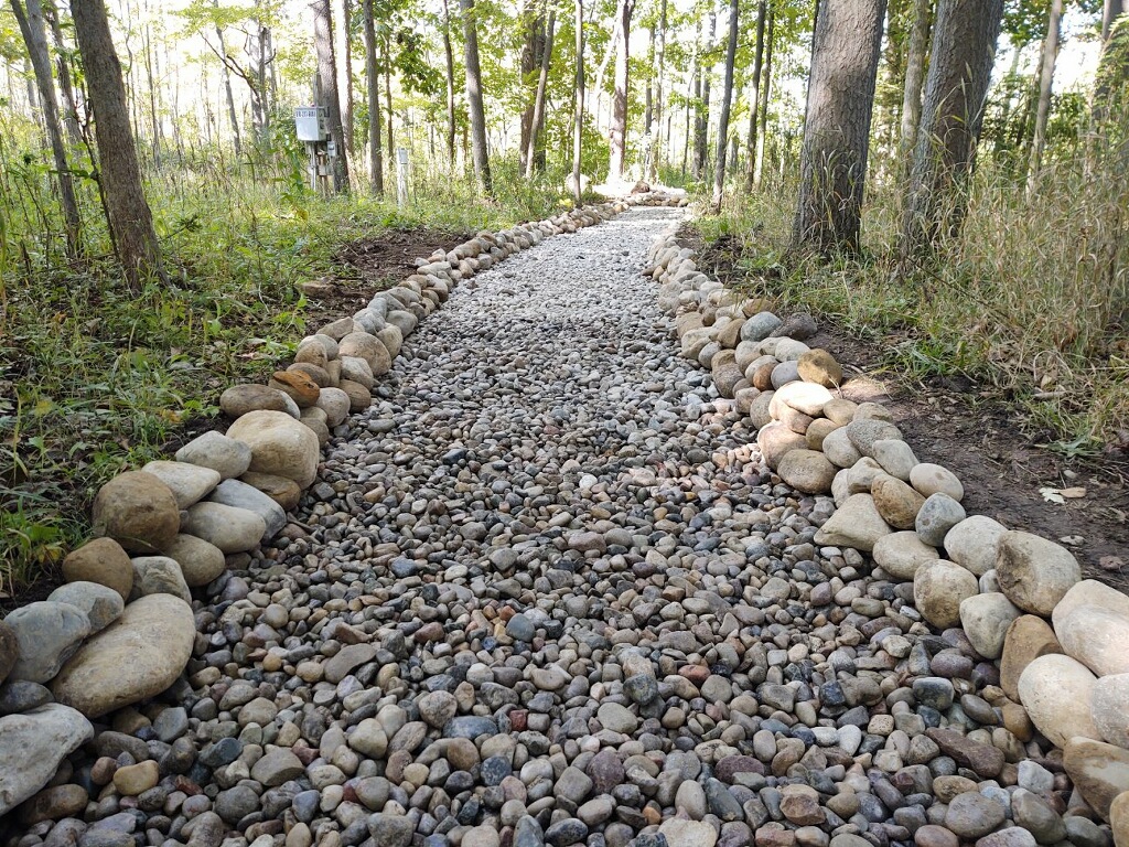 dry creek bed installed through a backyard area filled with trees