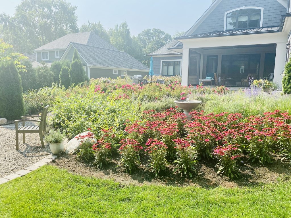 Sunny summer day in the backyard of a modern single family home.