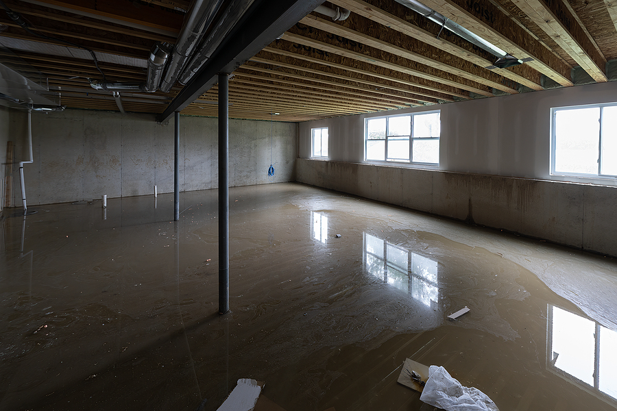 Flooded basement with standing water on the floor. 